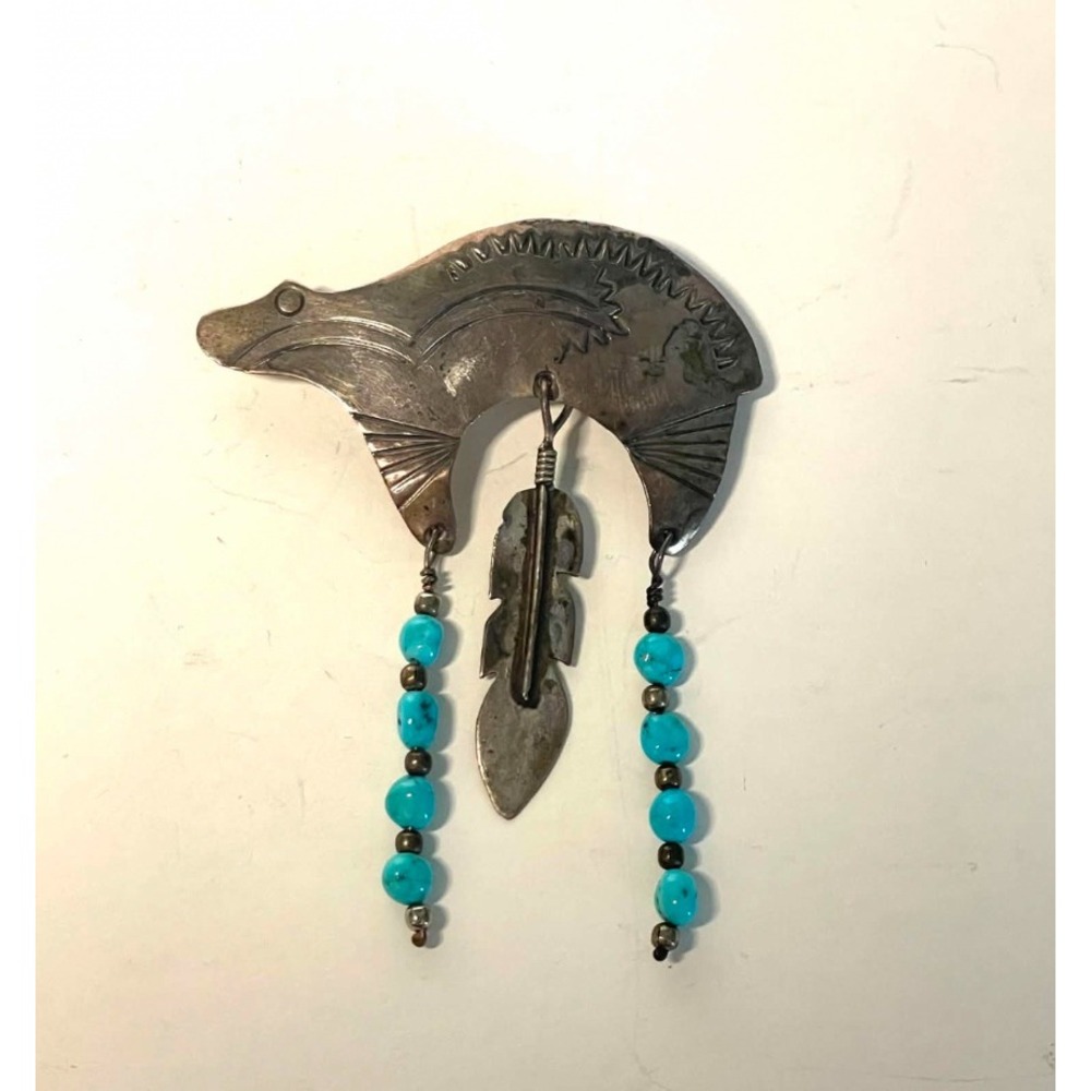 Vintage Native American Sterling Silver Bear Brooch Turquoise Bead Feather